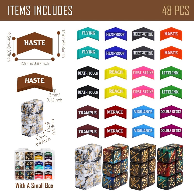 FIGURESLAB Store 48PCS 12mm MTG Dice Counters & Tokens for Magic The Gatering, MTG Abilities Keyword Buff Tokens Plus 1 Life Counters Loyalty Dice, Compatible with TCG CCG Magic Card Gaming Accessories - Image 2